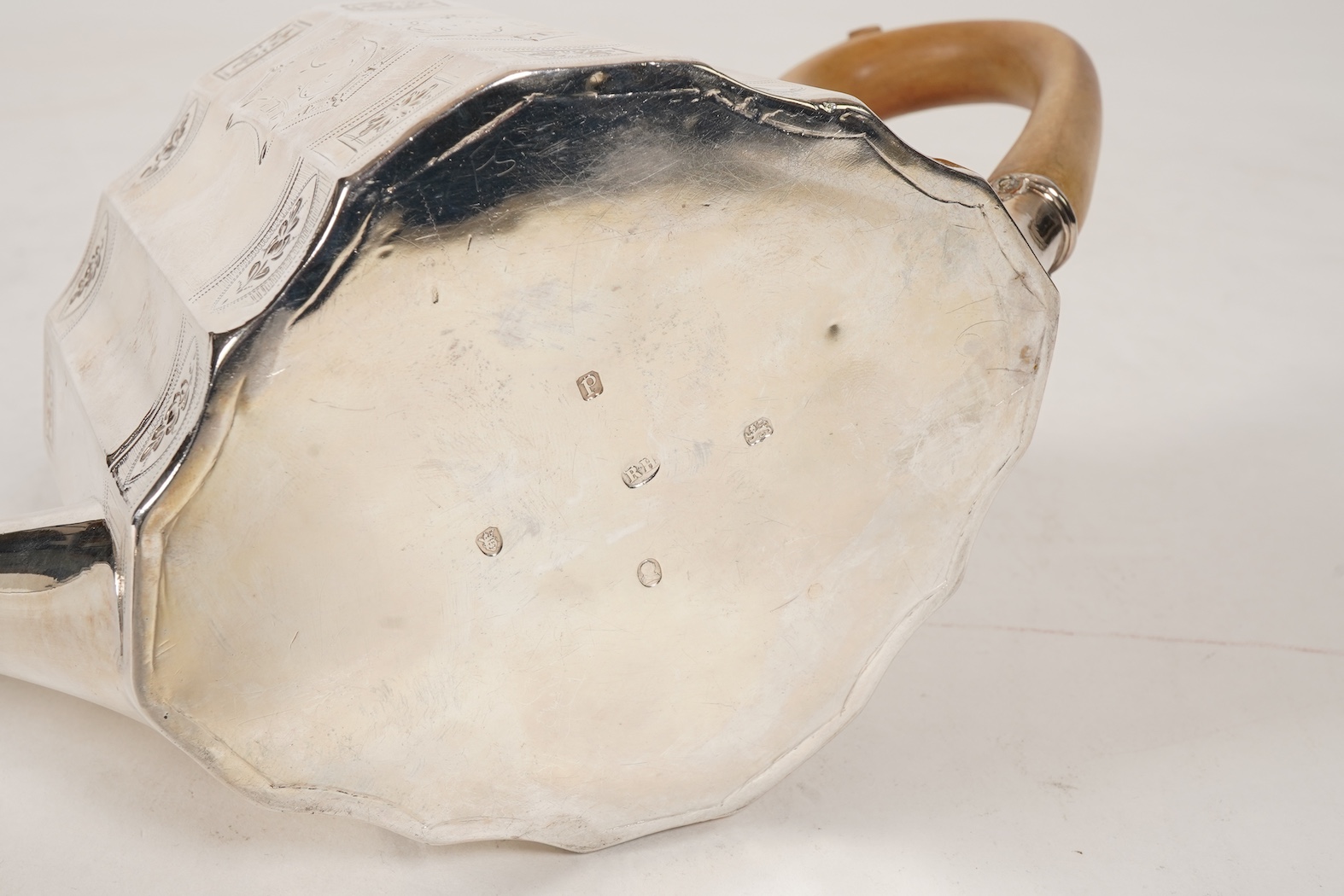 A George III bright cut engraved silver teapot and matching stand by Robert Hennell I